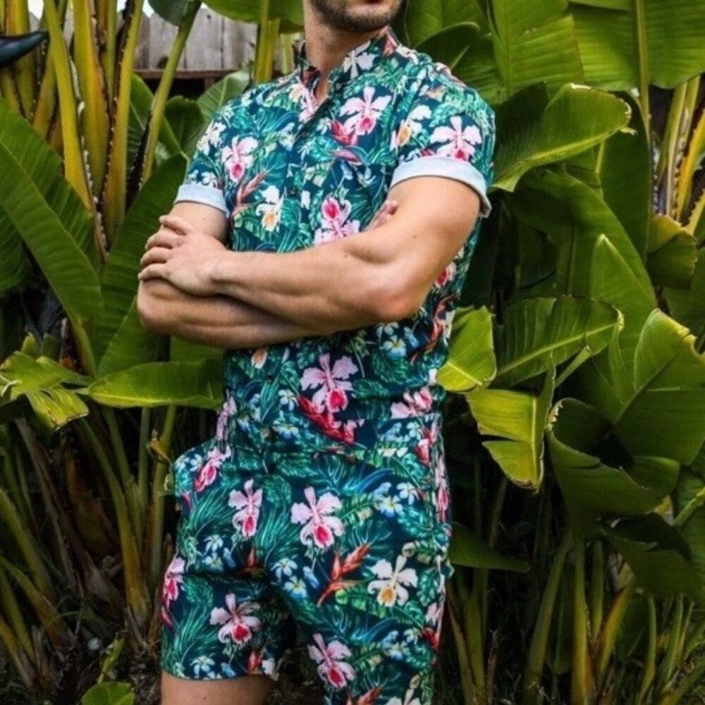 RomperJack Tropical Hawaiian Hibiscus Print Romper Shorts Jumpsuit Size Large